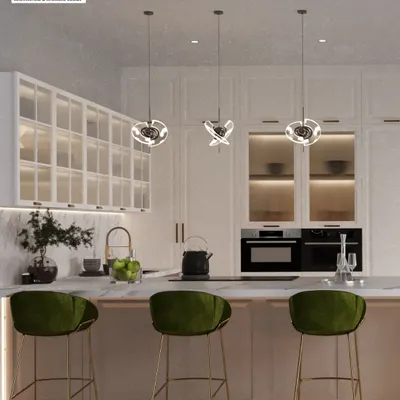 This modern kitchen render is a perfect example of our attention to detail. We've visualized everything from the gleam of the pendant lights to the texture of the velvet bar stools, creating a space that feels both luxurious and ready for everyday life.