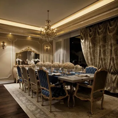 An alternate perspective of the classic dining room, captured in the evening to showcase the lighting design. Wall sconces and cove lighting work in harmony with the main chandelier to create a warm, inviting atmosphere. Every detail, from the ornate mirror to the table setting, contributes to the room's elegant finish.