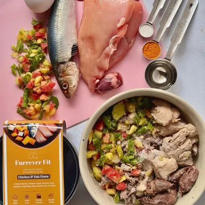 This is what goes into my Chicken & Fish Fiesta before it's cooked. You can see the fresh chicken breast, whole sardine, chopped vegetables, and a whole egg. I use real, unprocessed ingredients because that's what your pet deserves.