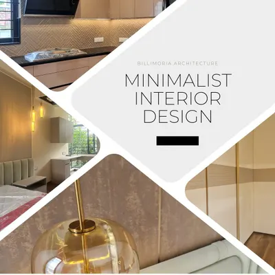 A collage representing our minimalist interior design approach, showing glimpses of a kitchen, bedroom, and lighting details from one of our projects.