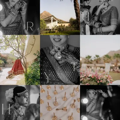 A mood board from Rhythm's wedding, showcasing the getting-ready details. From her jewelry and the intricate 'ghungroos' on her lehenga to the venue itself, this collage tells the story of her bridal preparation.