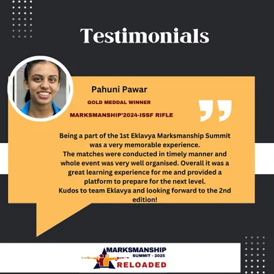 A testimonial from shooter Pahuni Pawar about her memorable experience at the Eklavya Marksmanship Summit. She highlights the well-organized nature of our events.