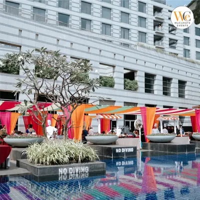 A vibrant poolside Mehendi at the Grand Hyatt Mumbai, where we used colorful drapes and comfortable seating to create a festive, relaxed atmosphere.