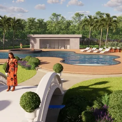 This 3D visualization presents a large, freeform swimming pool complete with an integrated jacuzzi and a spacious wooden deck. The design includes a charming footbridge over a connected water body, showcasing a luxurious and family-friendly resort-style backyard.