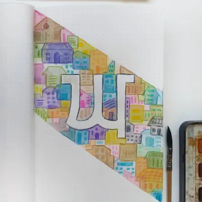 This piece features the Gurmukhi letter 'ਘ' (Gha) for 'ਘਰ' (Ghar), which means home. I created a cityscape with watercolors to represent the feeling of home I found during my travels in Assam.