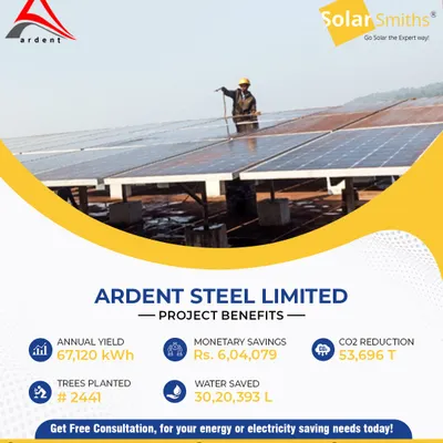 For Ardent Steel Limited, I developed and installed a 52.54KWp solar photovoltaic system on their roof. This project yields 67,120 kWh annually, resulting in monetary savings of over Rs. 6,00,000 and a CO2 reduction of 53,696 tons.