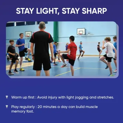 Never skip your warm-up. We guide our players through essential pre-game exercises like jogging, dynamic stretches, and side splits to prepare the body for intense play and prevent injuries.