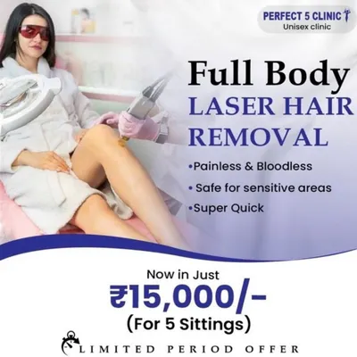 We believe in making permanent hair reduction accessible. This is our limited-period offer for a full body laser hair removal package, which includes five sittings. The treatment is painless, bloodless, and safe even for sensitive areas.