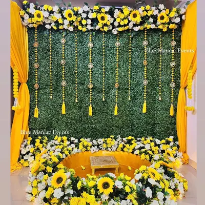 A grand Haldi setup designed to make a statement even in a compact space. This decor features a lush green wall, a canopy of sunflowers and white florals, and a traditional 'urli' seating surrounded by flowers.