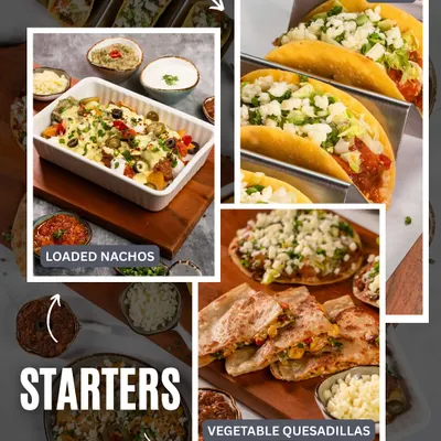 Let's start our Mexican fiesta with some loaded nachos, crunchy tacos, and cheesy vegetable quesadillas. These starters are perfect for sharing.