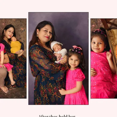 The "After." This collage shows the beautiful continuation of the family's story, with the new baby held lovingly in their arms. This is the magic of a Bump to Baby session.