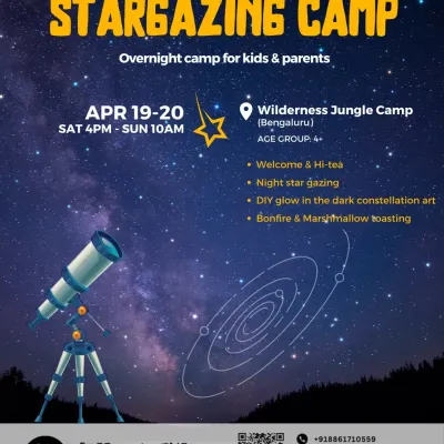 Our Stargazing Camp poster for Bengaluru, inviting families to an overnight adventure. It details the key activities like night sky gazing, DIY constellation art, and a bonfire.