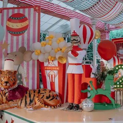 A majestic tiger, a towering nutcracker, and a giant popcorn box set the stage for our 'Cirque Royale' theme. Every prop is designed and crafted in-house to create a truly grand and theatrical entrance for the birthday celebration.