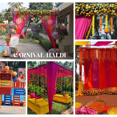 A glimpse into a "Carnival Haldi" theme. I use bright, bold colors like pink and yellow, quirky elements like painted crates, and traditional marigold strings to create a festive and playful atmosphere.