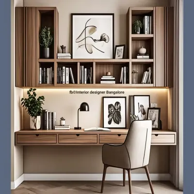 A classic and elegant study unit with ample shelving for books and decor. The warm wood finish, integrated desk drawers, and under-shelf lighting create a sophisticated and comfortable workspace.