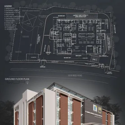 The ground floor plan and 3D render for the St. John's Hospital project. This technical drawing shows the meticulous planning of spaces, including the main entry, emergency services, and patient flow, which is crucial for a healthcare facility.