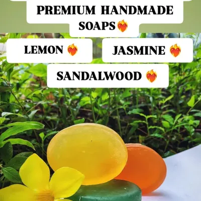 An overview of my premium handmade soaps, available in three distinct fragrances: Lemon, Jasmine, and Sandalwood. Each one is crafted to be gentle and nourishing for your skin.