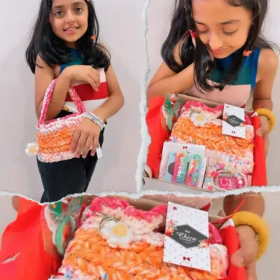 The ultimate gift for a little fashionista! This collage shows a happy girl with her personalized hamper, including a handmade bag, name bracelets, and custom clips.