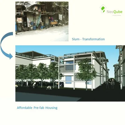 We believe in transforming communities, not just building houses. This concept shows our vision for a slum redevelopment project, turning crowded, unsafe structures into modern, green, and dignified affordable pre-fabricated housing for families.