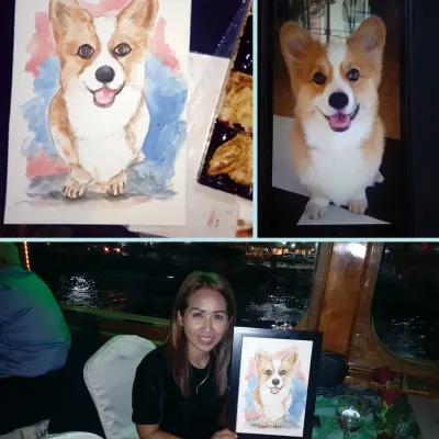 A three-part view showing the original photo of a happy corgi, the hand-painted watercolor portrait, and the delighted client with her framed gift.
