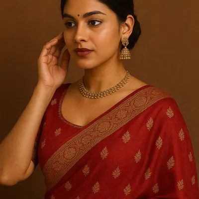 A beautiful three-quarter portrait of a model in a traditional red saree, showcasing the intricate gold jewelry and classic styling.