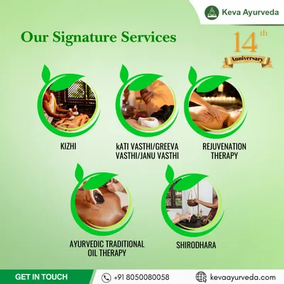 We offer a comprehensive suite of signature services. This includes targeted pain relief therapies like Kati Vasthi, full-body rejuvenation, traditional oil therapies, and the deeply relaxing Shirodhara.