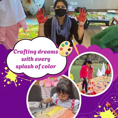 This collage captures the essence of what we do: crafting dreams with every splash of color. It shows kids engaged in different art activities, from finger painting to canvas work, all in a fun and nurturing environment.