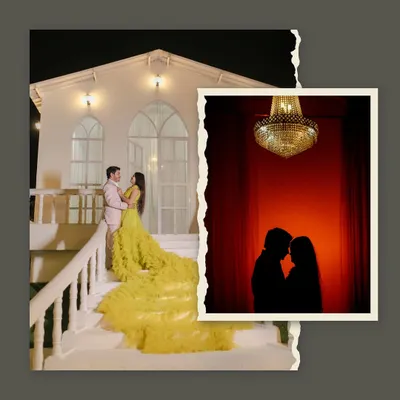 This composite shot showcases the versatility of my film city location. We captured a fairytale moment on the steps of a white chapel set, paired with a dramatic silhouette against a red backdrop with a chandelier.