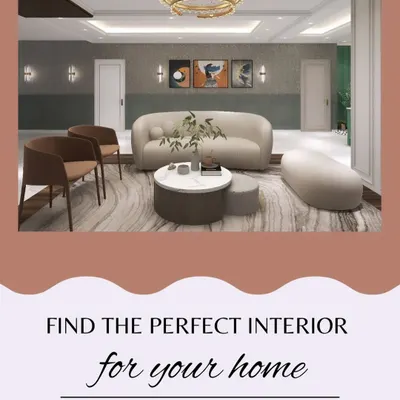 A concept for a perfect and cozy family living room, featuring a curved sofa, elegant lighting, and a soft, patterned rug to define the space.