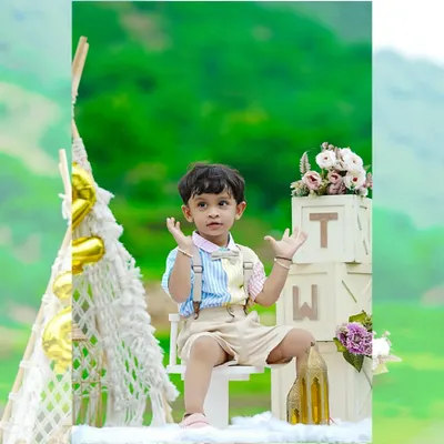 A creative collage from an outdoor second birthday shoot, showing the little boy posing happily in the fresh air.