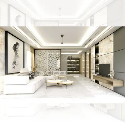 This 3D render showcases a bright and airy living space defined by a neutral color palette and white marble flooring. A custom-designed jaali partition elegantly separates the seating area, adding a decorative element without closing off the room. The floating TV console and built-in shelving maintain a clean, seamless look.