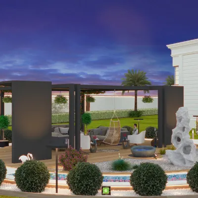 This is a 3D visualization I created for a client in Palwal. It shows a modern pergola with a large seating area, set within a meticulously landscaped garden featuring a water feature and sculptural elements.