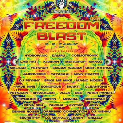 The poster for Freedom Blast 2025 in Goa, one of the biggest psytrance gatherings in the country. I was super excited to be part of this massive lineup.