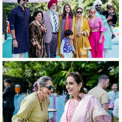 A collage capturing the heart of a family celebration. It features a full family portrait and a candid shot of two guests sharing a laugh at the Mehndi.