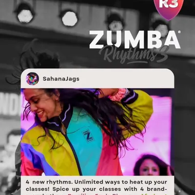 Spice up your Zumba class with four new rhythms. This graphic promotes my Rhythms 3 training, where you'll learn Brazilian Funk, Bhangra, Afrobeat, and Street Heat to pack your dance floor.