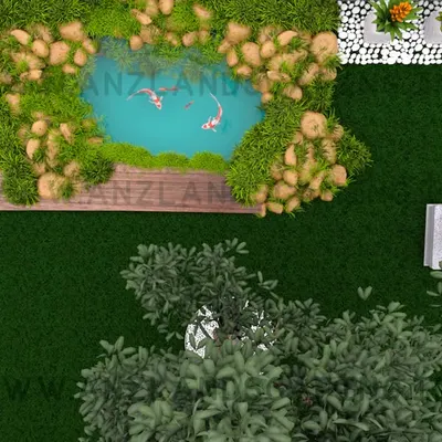 This is an example of a 3D design layout we provide to our clients. This top-down view helps in planning the placement of elements like pathways, water bodies, seating areas, and plant beds.