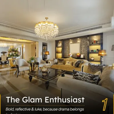 An expression of "The Glam Enthusiast," this living room is designed for drama and opulence. Featuring bold, reflective surfaces, a stunning crystal chandelier, and luxurious fabrics, it creates a sophisticated space that tells a story of elegance.