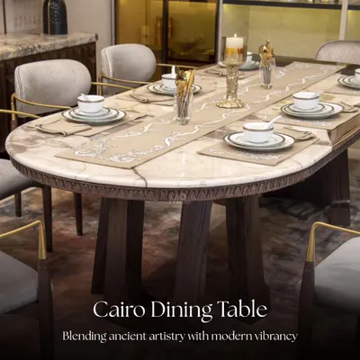 The Cairo dining table bridges the past and present by combining classic marble and wood with contemporary design. The oval tabletop features a distinctive interplay of natural marble veins and warm wood grain, making it a perfect centerpiece for any dining area.