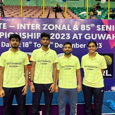 My team of four players representing Bhatt Badminton Academy at the 85th Senior National Badminton Championship in Guwahati. Competing here is a significant achievement.