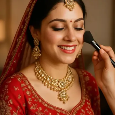 A happy bride getting her final touches. This shot captures the moment we apply a soft blush, creating a radiant look that is perfect for wedding photography and complements her traditional attire.