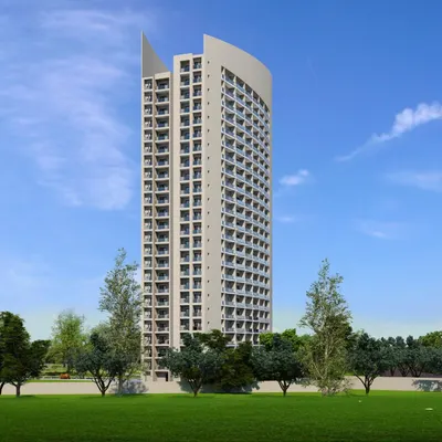 A 3D visualization of our upcoming studio apartment tower in Noida. Set against a lush green landscape, the building's unique form and sail-like roof element are designed to make it a distinctive feature of the city skyline.