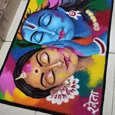 The full, rectangular composition of my Radha-Krishna rangoli. This piece is designed like a painting on the floor, using a full spectrum of colors to capture a moment of divine love.