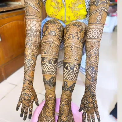 A complete head-to-toe bridal mehendi. This heavy design covers the full arms and legs with a mix of floral patterns, traditional motifs, and intricate checkwork for a truly grand look.