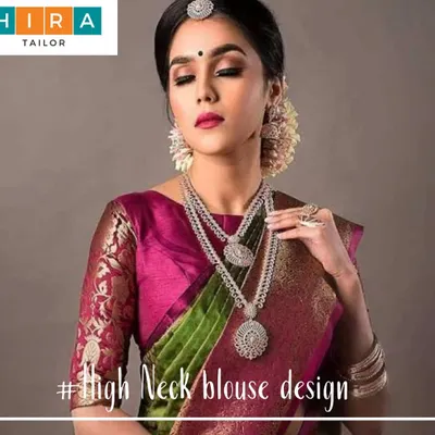 A closer look at a high-neck blouse I stitched to complement a traditional silk saree. Getting the fit right around the shoulders and neck is crucial, and it's a detail I perfect during my at-home trial sessions to ensure complete satisfaction.