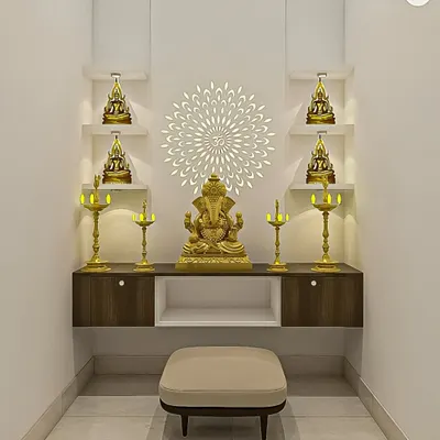 A modern and minimalist pooja niche. This serene space features a floating console, backlit shelves for idols, and a beautiful 'Om' mandala art piece on the wall.