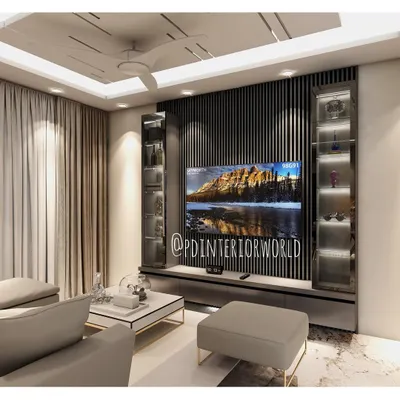 This 3D design shows a concept for a luxurious drawing room. It features a full-wall TV unit with vertical fluted panels and twin glass display towers, perfect for showcasing decor.