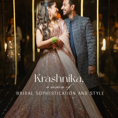 For Krashnika's Sangeet, we chose a stunning shimmer peach lehenga by Manish Malhotra. The intricate embellishments caught the light with every movement, creating a look of pure bridal sophistication and modern glamour.