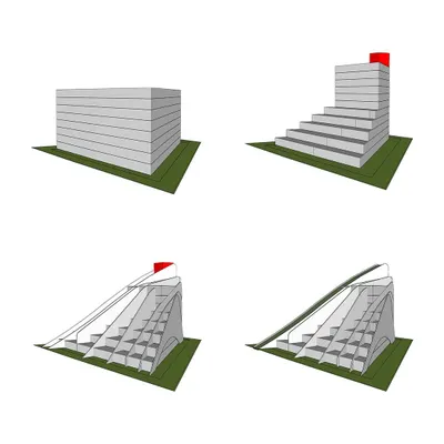 Terraced and peeled 5/8… a diagram showing the transformation from a solid block to a terraced building with a peeling roof.