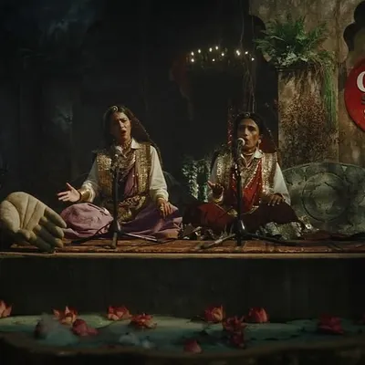 This wide shot from the Coke Studio Bharat set shows the performance stage where we managed the complete sound engineering and recording. Each microphone, from the vocal mics to the instrument pickups, was carefully selected and placed by our team to capture the unique texture of the performance.