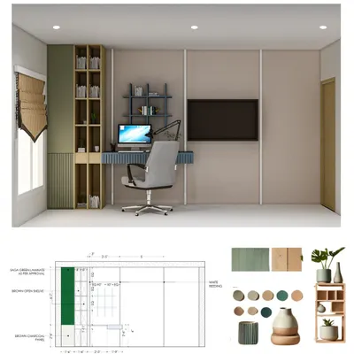 This image displays the complete design process for a home office, from the technical working drawing to the final 3D render. The space features a soothing palette of sage green and wood, with a built-in desk and ample shelving for a productive environment.